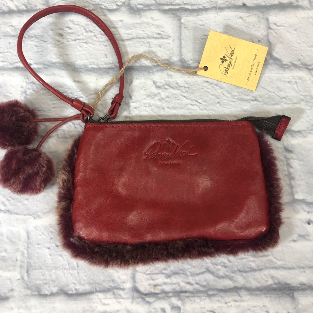 Patricia Nash Leather Sheepskin Sherpa wristlet clutch wallet Red strap NEW